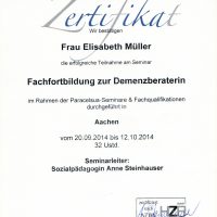 Zertifikat Fachfortbildung zur Demenzberaterin